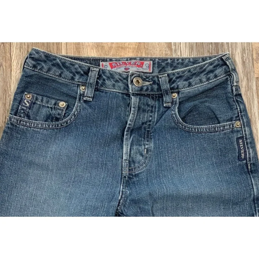 Silver Jeans Flare Pants Womens Size 25/31 Denim Button Fly Mid Rise Blue Cotton - Picture 4 of 15